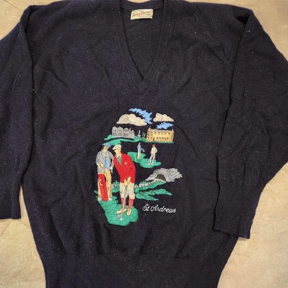 VTG Scott & Charters Hawick Mens M Or L Pure Lambswool Golf V Neck Sweater Knit - Picture 3 of 11